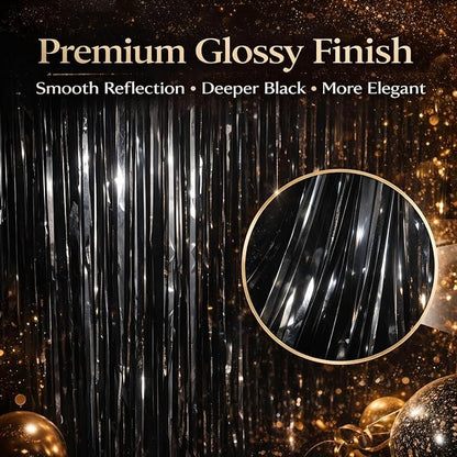 Glossy Black Foil Fringe Curtains – 3 Pack Metallic Tinsel Backdrop for New Year’s Eve & Party Decorations, 3.2 x 8.2 ft, Easy Peel & Stick, Party Photo Background