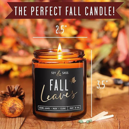 Fall Candles - 'Fall Leaves' Fall Candle w/Autumn Leaves, Clove & Musk I Infused with Essential Oils I Autumn Scented Candles I Cozy Cute Autmn Décor Gifts I 9oz Jar I 50Hr Burn I Made in USA