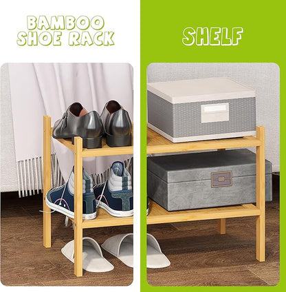 BMOSU 2-Tier Bamboo Small Shoe Rack Premium Stackable Shoe Shelf Storage Organizer for Hallway Closet Living Room Entryway Organizer(Natural)