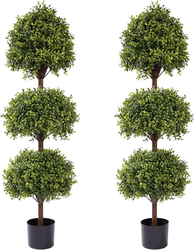 THE BLOOM TIMES 55" Tall Artificial Boxwood Triple Ball Topiary Trees, UV Resistant Large Fake Potted Plants for Outdoor Planter, Realistic Faux Bushes Shrubs for Front Porch Outside Decor Set of 2