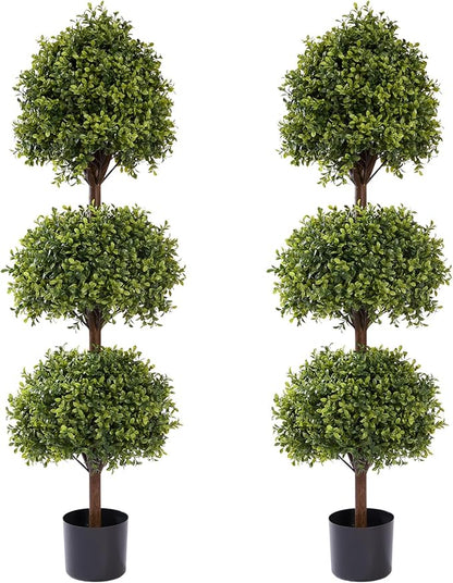 THE BLOOM TIMES 55" Tall Artificial Boxwood Triple Ball Topiary Trees, UV Resistant Large Fake Potted Plants for Outdoor Planter, Realistic Faux Bushes Shrubs for Front Porch Outside Decor Set of 2