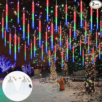 2 Pack Christmas Decorations Lights Outdoor, Extendable Meteor Shower Lights with Timer, Total 384LED 30cm 16 Tubes Indoor Outdoor Snow Cascading String Light for Xmas Party Yard Decor (Multi-Colored)