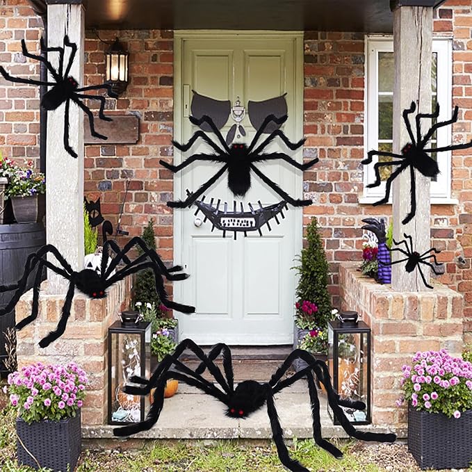 yosager Outdoor Halloween Decorations 6Pcs Realistic Giant Spiders, Huge Hairy Scary Halloween Spider Prop, Black Spooky Spider for House Window Yard Garden Patio Decor (12" 24" 24" 36" 36" 60")