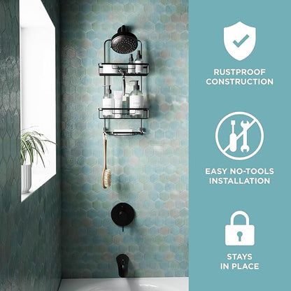 Zenna Home Rustproof Hanging Shower Caddy, Over the Shower Head Caddy with 2 Shelves and Built In Hooks, Aluminum Bathroom Hanging Organizer, Bronze