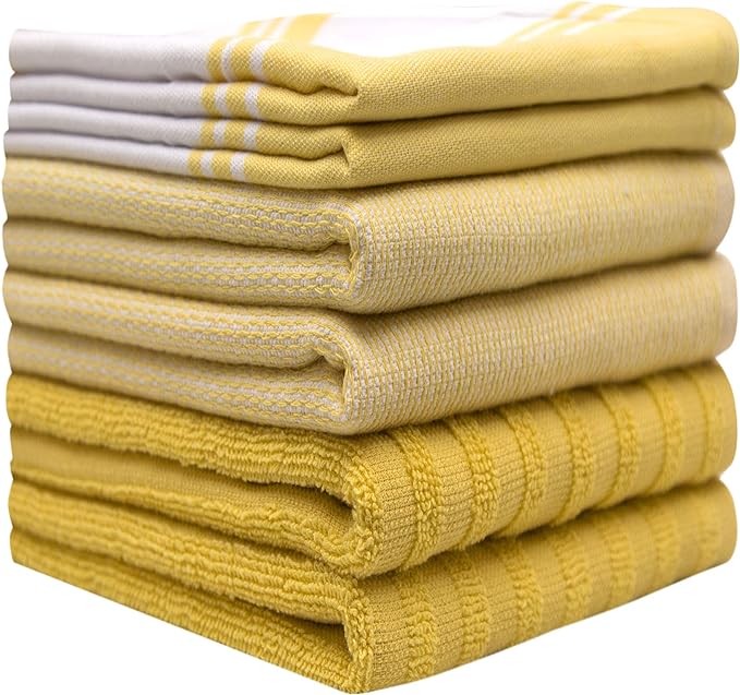 Premium Kitchen Towels (20”x 28”, 6 Pack) | Large Cotton Dish Towels | Flat & Terry Highly Absorbent Kitchen Linen Set with Hanging Loop | Wide Stripe Yellow