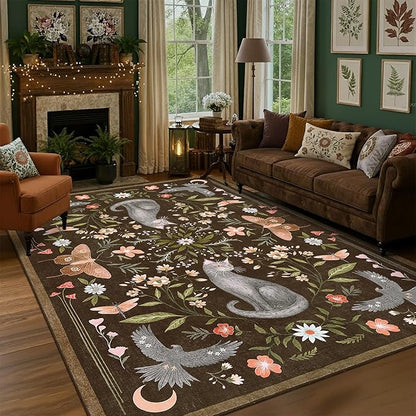 GarveeHome 5x7 Cat Area Rug Brown Washable Rugs for Living Room Bedroom, Soft Mushroom Floral Low Pile Non Slip Floor Mat Animal Print Throw Rug Indoor Carpet for Dorm Playroom Gothic Decor