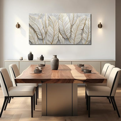 JuhaiArt Feather Canvas Art for Living Room Bedroom Home Office White Wall Picture 24" x 48" Gold Wall Decor Art Artwork Poster