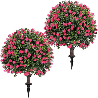 Artificial Pink Camellia Topiary Ball Tree 25" with Ground Spike, Set of 2 Artificial Boxwood Bushes for Faux Shrubs, Fake Evergreen Faux Plant for Indoor Outdoor Garden -UV Resistant–Fade-Proof