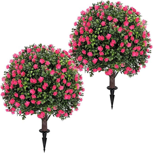 Artificial Pink Camellia Topiary Ball Tree 25" with Ground Spike, Set of 2 Artificial Boxwood Bushes for Faux Shrubs, Fake Evergreen Faux Plant for Indoor Outdoor Garden -UV Resistant–Fade-Proof