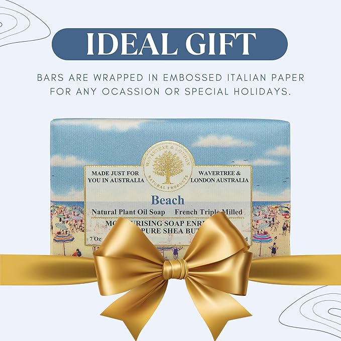 Wavertree & London Beach Scented Natural Soap Bar, 7oz Moisturizing French Triple Milled Soap Bar for Women & Men Enriched with Organic Shea Butter, Pure Bath & Body soap bar (1 Bar)