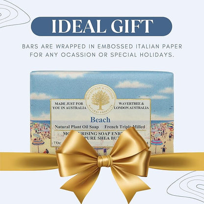 Wavertree & London Beach Scented Natural Soap Bar, 7oz Moisturizing French Triple Milled Soap Bar for Women & Men Enriched with Organic Shea Butter, Pure Bath & Body soap bar (1 Bar)