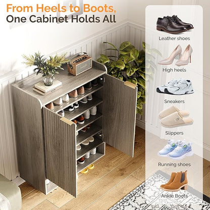 VINGLI Shoe Cabinet with Fluted Doors, 6 Tier Large Wooden Entryway Shoe Storage Cabinet with Adjustable Shelves,44.5" Tall Modern Freestanding Shoe Rack Organizer for Entryway, Hallway,Gray Oak