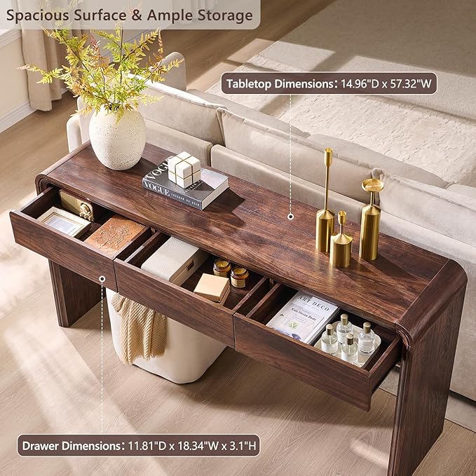 63'' Console Table with 3 Drawers, Modern Entryway Table with Curved Profile Design, Narrow Long Wood Sofa Table Behind Couch Table for Living Room, Hallway, Foyer, Brown