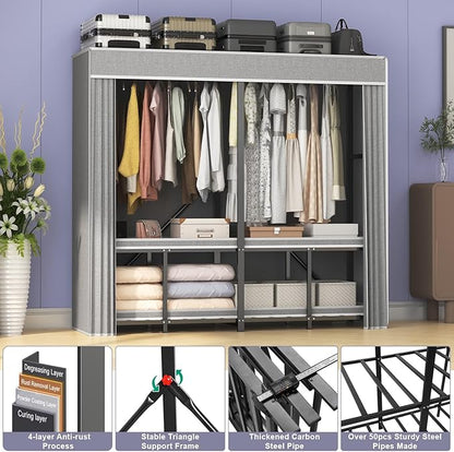 95% Assembeld Heavy Duty Clothes Rack, 66" L Premium Metal Strong Garment Rack with Cover, Portable Foldable Freestanding Clothes Racks for Hanging Clothes, Black