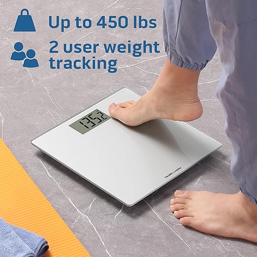 Health o meter Compact Digital Glass Bathroom Scale – 450 lb Capacity, 4 Load Cells, 3.2" LCD Display, Tempered Glass Platform, Auto Shut-Off, Low Battery Indicator, Non-Skid Feet, 5-Year Warranty