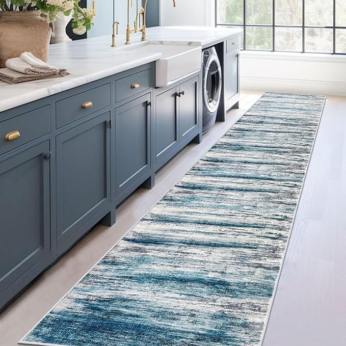 KOZYFLY Modern Abstract Hallway Runner Rug,2.6x14 Washable Rug Runner Non-Slip Soft Striped Kitchen Runner Rugs, Print Blue Carpet Runner for Entryway Bathroom Laundry Room Foyer
