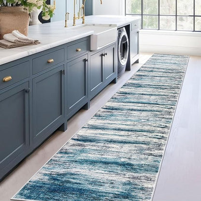 KOZYFLY Modern Abstract Hallway Runner Rug,2.6x14 Washable Rug Runner Non-Slip Soft Striped Kitchen Runner Rugs, Print Blue Carpet Runner for Entryway Bathroom Laundry Room Foyer