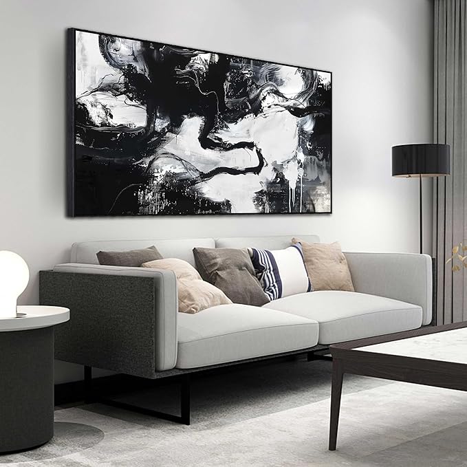 Large Black and White Abstract Canvas Wall Art With Black Wood Frames for Living Room Bedroom Home Office Modern Canvas Prints Framed Canvas Wall Art Size 30x60