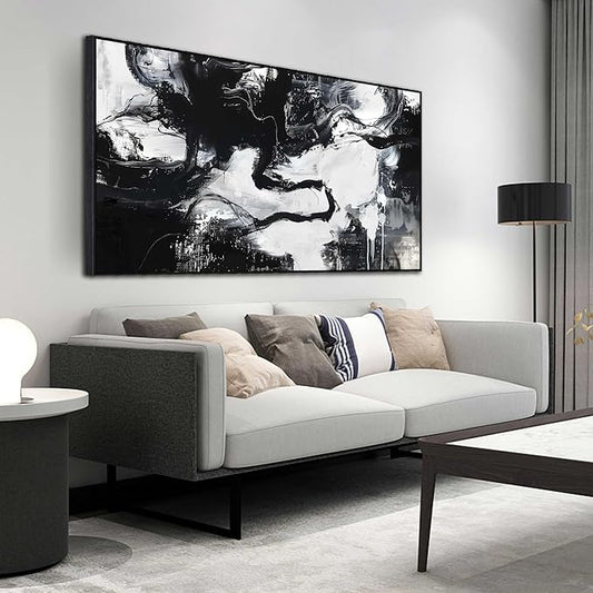 Large Black and White Abstract Canvas Wall Art With Black Wood Frames for Living Room Bedroom Home Office Modern Canvas Prints Framed Canvas Wall Art Size 30x60