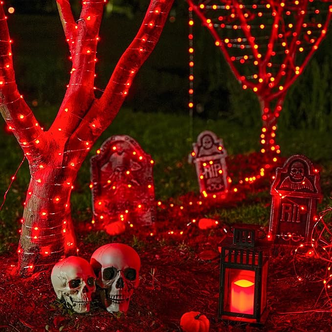 JMEXSUSS 2 Pack Red Fairy Lights Battery Operated, Total 200 LED 66ft Red String Lights Battery Powered with Remote, 8 Modes Halloween Lights for Tree Indoor Outdoor Wreath Bedroom Halloween Decor