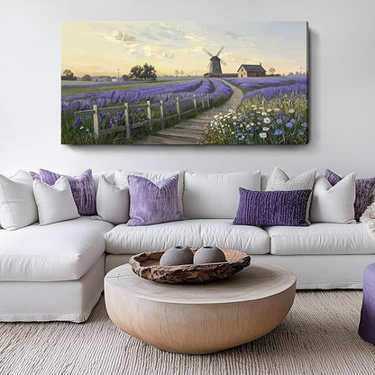amatop Large Canvas Wall Art for Living Room Rustic Farmhouse Lavender Picture Print Countryside Landscape Windmill Daisy Flowers Purple Floral Artwork Bedroom Office Horizontal Nature Decor 48x24 In