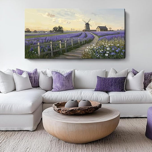 amatop Large Canvas Wall Art for Living Room Rustic Farmhouse Lavender Picture Print Countryside Landscape Windmill Daisy Flowers Purple Floral Artwork Bedroom Office Horizontal Nature Decor 48x24 In