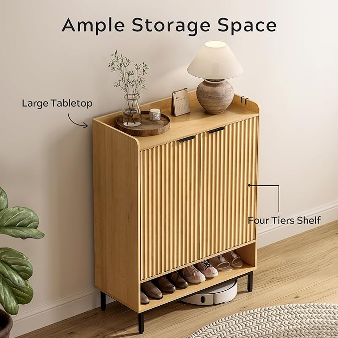 Fluted Shoe Cabinet with Doors, Large Wooden Shoe Storage Cabinet with Adjustable Shelves, Modern Tall Freestanding Shoe Rack Organizer for Entryway, Hallway Natural Oak
