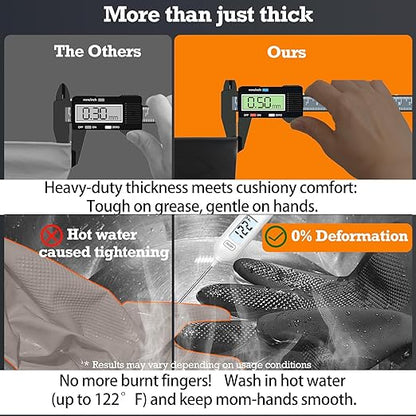 Heavy-Duty Thick Rubber Cleaning Gloves - 3 Pairs of Extra-Large Black Reusable Waterproof Non-Slip Gloves for Dishwashing and Kitchen Cleaning