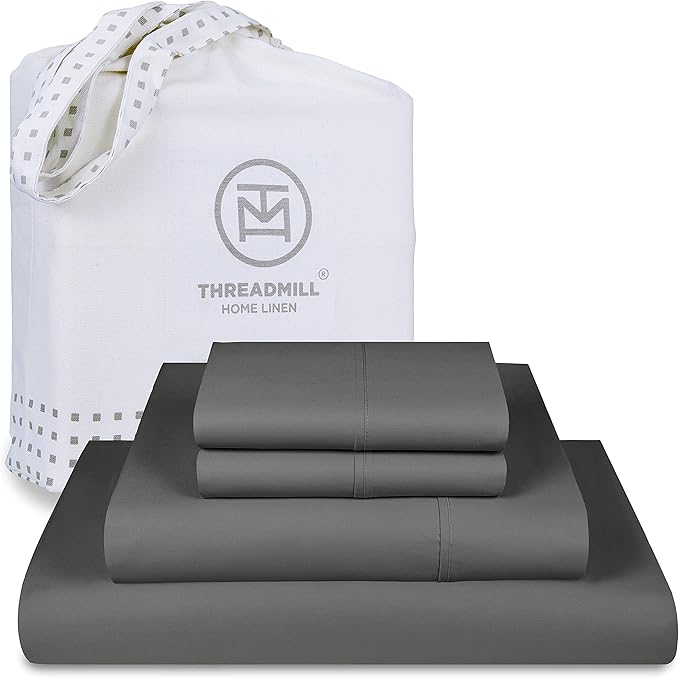 Threadmill Full Size Luxury Sheets | 656 Thread Count Supima Cotton Sateen Sheets | 4 Piece Set with Extra Deep Pocket | Dark Grey