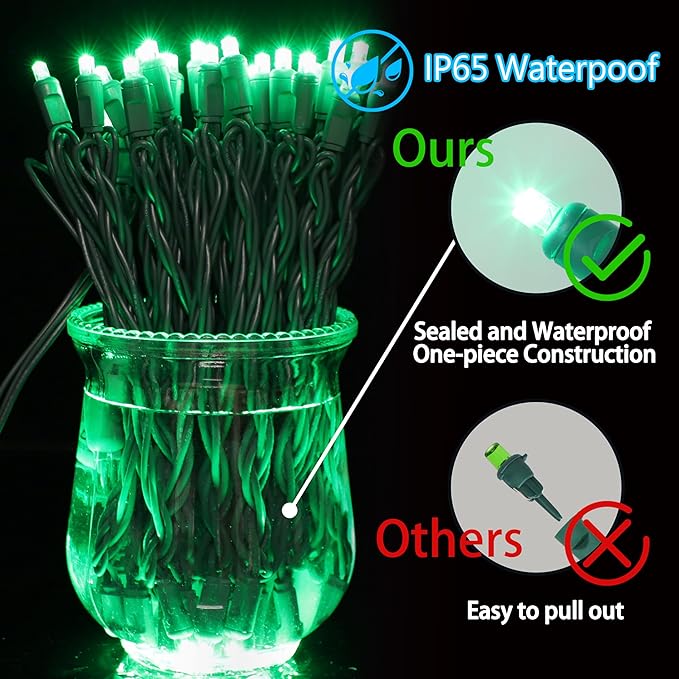 25ft 50 Counts Green LED Christmas Lights - Commercial Grade Outdoor Waterproof, Wide Angle Green Wire, Xmas Tree Lights, IP65, UL