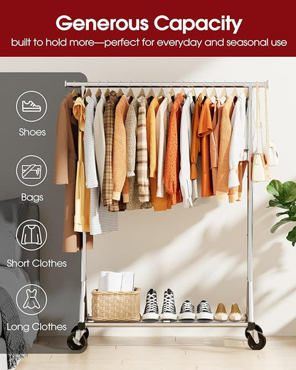 Stainless Steel Rolling Clothes Rack with Mesh Shelf, Lockable Wheels & Anti-Slip Stoppers, Freestanding Clothing Organizer for Bedroom, Laundry Room, 42.5" x 16.5" x 65.9", Silver