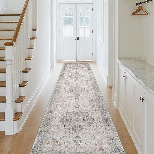 GENIMO Runner Rug 2'6"x7 Machine Washable Non Slip Vintage Hallway Runner Rug, Low Pile Lightweight Rugs for Indoor Entryway, Hallway, Kitchen and Corridor, Light Taupe Brown