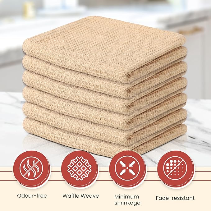 Vintage Vista 100% Cotton Waffle Dish Cloths (Pack of 6) - Dish Rags for Washing Dishes - Reusable & Highly Absorbent Kitchen Towels - Kitchen Rags for Christmas - (12" x 12" - Beige)