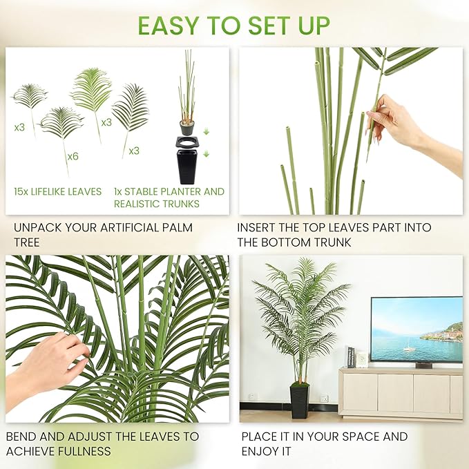 6FT Artificial Palm Tree, Tall Fake Tropical Areca Plant with Black Square Planter for Indoor Outdoor Home Decor, Realistic Faux Palm Tree for Living Room, Office, Porch, Garden
