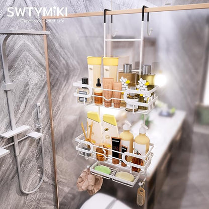 SWTYMIKI Over The Door Shower Caddy With Double Soap Holder, Hanging Shower Caddy With 16 Hooks, No Drilling Hanging Shower Organizer Over Door To Organize Bathroom Essentials, White