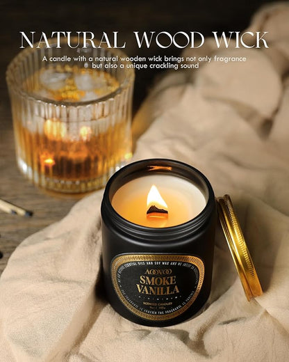 AOOVOO Scented Candle for Home Scented - Wood & Vanilla Scented Candles | Strong Fragranced Soy Mens Candles | Masculine Candle, Wood Wicked Candles | Smokey & Vanilla Candle in Black Jar, AO-LZY0152