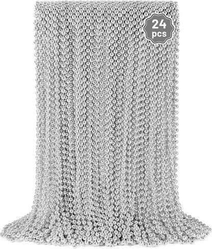 24 PCS Silver Bead Necklaces, Silver Mardi Gras Christmas Beads Necklaces, Patriotic Necklaces, 33 Inch Beaded Necklaces for Mardi Gras Christmas Party, 4th of July and New Year Eve Festive Events