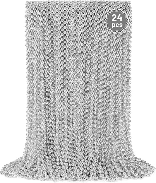 24 PCS Silver Bead Necklaces, Silver Mardi Gras Christmas Beads Necklaces, Patriotic Necklaces, 33 Inch Beaded Necklaces for Mardi Gras Christmas Party, 4th of July and New Year Eve Festive Events