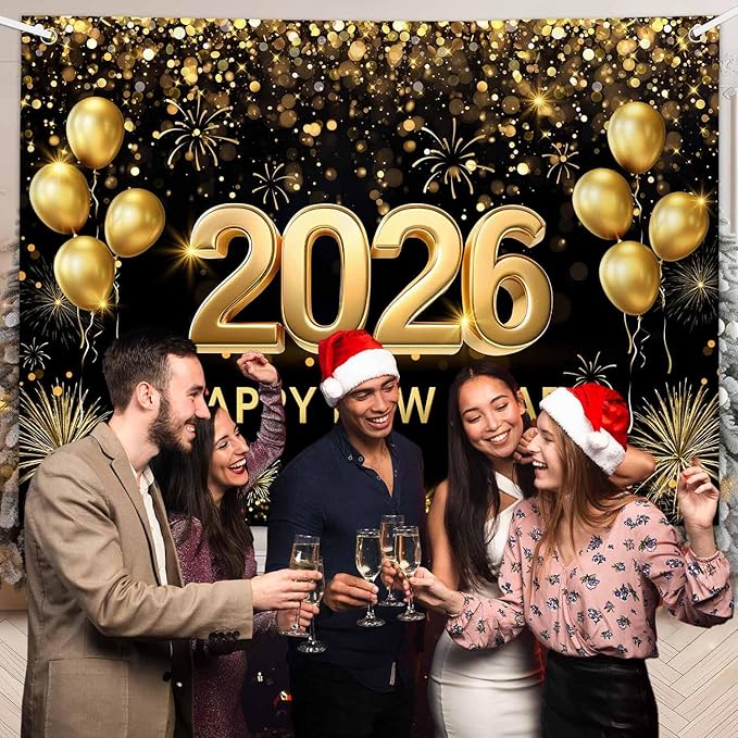 MEHOFOND 7x5 ft Black and Gold 2026 Happy New Year Backdrop Cheers to 2026 New Year Eve Glitter Photography Background Hello 2026 Party Balloon Fireworks Decor Banner Cake Smash Photo Props
