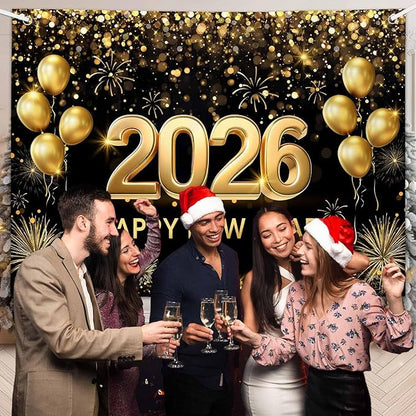 MEHOFOND 7x5 ft Black and Gold 2026 Happy New Year Backdrop Cheers to 2026 New Year Eve Glitter Photography Background Hello 2026 Party Balloon Fireworks Decor Banner Cake Smash Photo Props