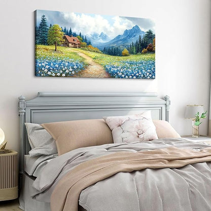CHATYOUNG Bathroom Canvas Wall Art Paintings, Blue Mountains Wild Flowers Rustic Landscape Prints Wall Pictures Large 20"X40" for Living Room Bedroom Bathroom Home Decor Gift