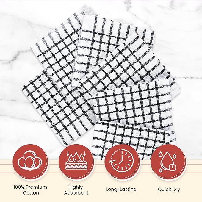 Vintage Vista 100% Cotton Dish Cloths (Pack of 6) - Dish Rags for Washing Dishes - Reusable & Highly Absorbent Kitchen Towels - Kitchen Rags for Christmas - (12" x 12" - Black Checkered)