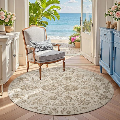 jinchan Classic Floral Round Rug 4ft, Vintage-Inspired Neutral Design 4’Circle Rug, Machine Washable Ultra-Thin Low-Pile Non-Slip Indoor Carpet for Bedroom Dining Room Living Room Entryway Taupe