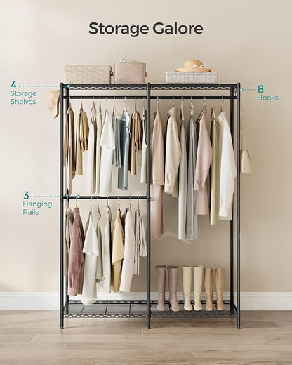 SONGMICS Clothes Rack, Freestanding Wardrobe Closet, Metal Clothing Racks, Heavy-Duty Garment Rack with Adjustable Shelves, Hanging Rods, Dividable, 15.8 x 47.2 x 70.9 Inches, Ink Black ULGR423B01