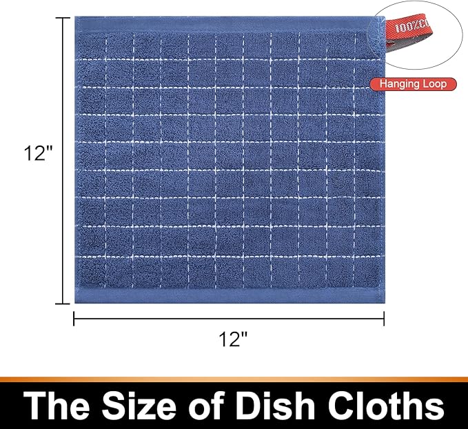 Mordimy 100% Cotton Terry Cloth Dish Cloths, Soft and Absorbent Checkered Dish Towels, Quick Drying Dish Rags for Washing Dishes, 8 Pack, 12 x 12 Inches, Navy