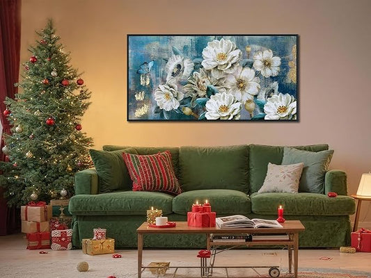 Arjun Large Black Framed Flower Canvas Wall Art for Living Room White Elegant Modern Painting for Bedroom Textured Gold Foil Turquoise Picture Floral Teal Artwork Home Office Decor, 48"x24"