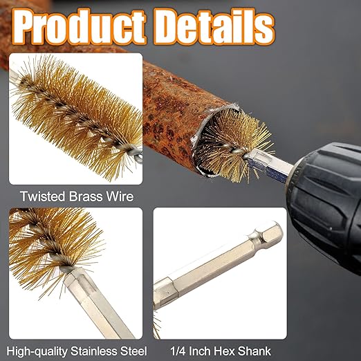 MAXMAN Bore Brush Set, 8pcs Brass Wire Brush for Drill, Durable Metal Bristles Twisted, 8 Size Set Multiple Diameter Options, 1/4 Inch Hex Shank, for Power Drill Impact Driver & Tube Cleaning