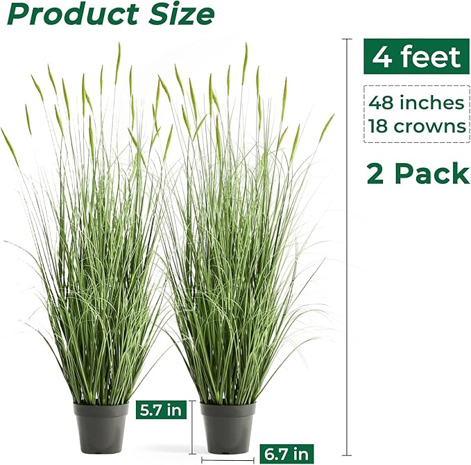 Faux 4ft 2-Pack Horsetail Reed Grass with Green Spikes, 48in Tall Indoor Outdoor Fake Grass in Pot, Home Office Decorative Artificial Plant & Greenery, Wedding Decor Bristlegrass