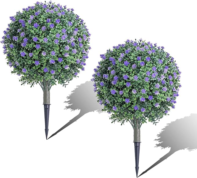 27.6''H Artificial Purple Flower Boxwood Plants Outdoor Set of 2, Realistic Faux Boxwood Topiary Shrubs with Spike, UV Resistant Topiary Ball Large Fake Bushes Plant for Indoor & Outdoor Decor