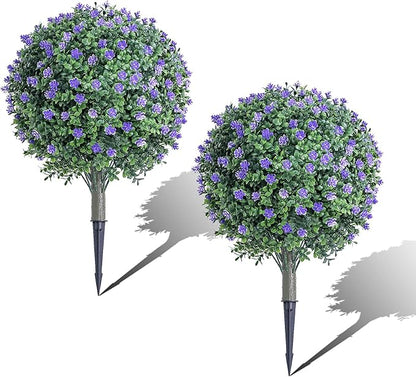 27.6''H Artificial Purple Flower Boxwood Plants Outdoor Set of 2, Realistic Faux Boxwood Topiary Shrubs with Spike, UV Resistant Topiary Ball Large Fake Bushes Plant for Indoor & Outdoor Decor